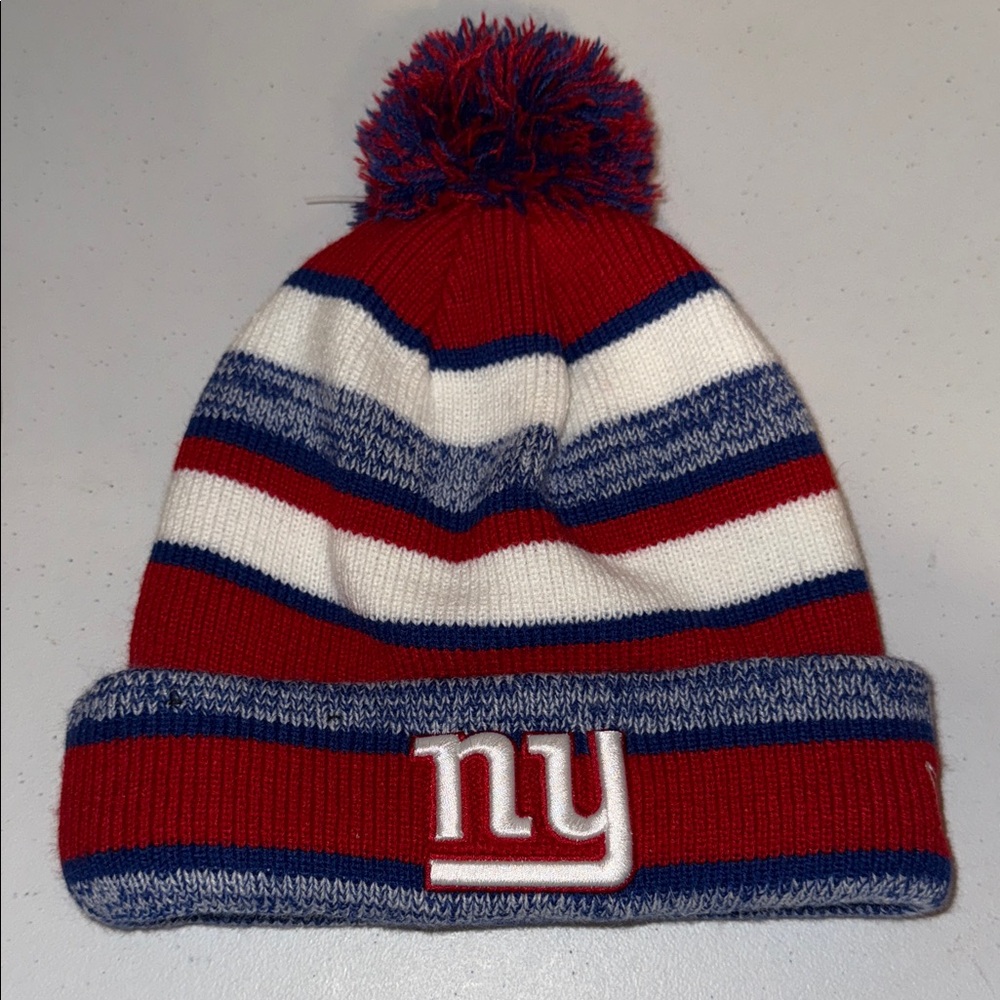 NFL NY Giants Striped Beanie with Pom in Red, Blue, and‎ White